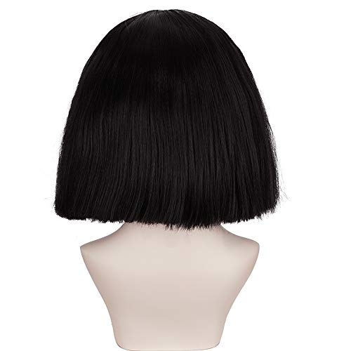 Black Cosplay Wig with Bangs & Glasses Frame for Women - Heat-Resistant Synthetic Hair