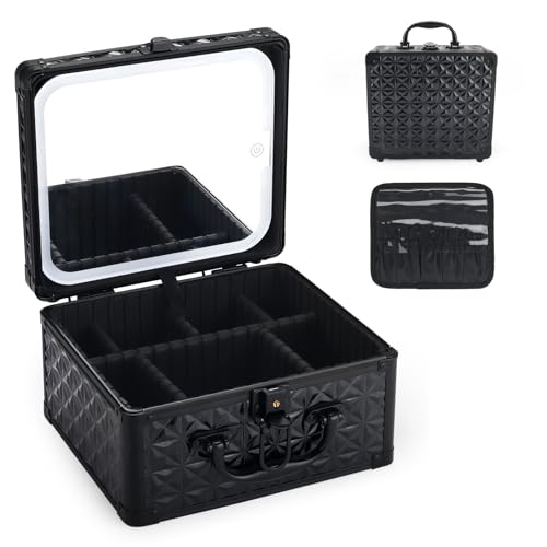 Makeup Case, Travel Train Case with Magnetic LED Mirror, Waterproof Cosmetic Organizer with Adjustable Divider, 3 Color Mode - Sparkling Black
