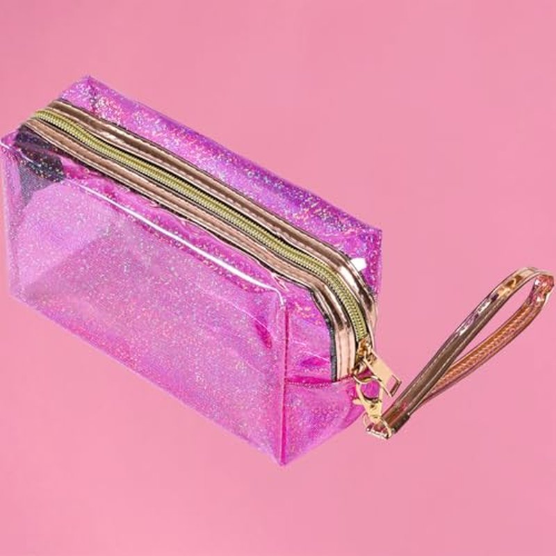 4Pcs Clear Makeup Bag Cosmetic Organizer Case Waterproof Travel Toiletry Bag with Handle, PU Makeup Bag Zipper Pouch Travel Cosmetic Bags for Women Accessories (Blue+Pink+Silver+Purple)