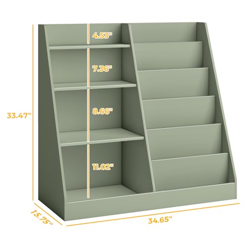 Tatub Upgraded 6-Tier Kids Wooden Bookshelf and Toy Storage with 4 Display Shelves, Sage Green