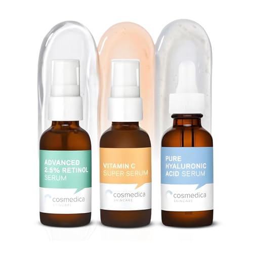 Cosmedica Skincare Face Serum Set – Vitamin C, 2.5% Retinol & Hyaluronic Acid, 3 x 1 oz, Anti-Aging, Brightening, Hydrating