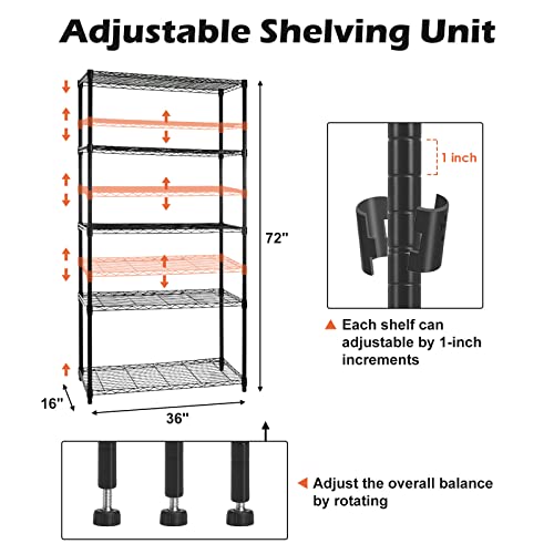 WDT 5-Tier Adjustable Wire Shelving Unit with Wheels - 36"D x 16"W x 75"H Storage Rack