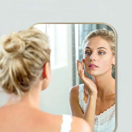 JENBELY 30x36 Inch Gold Bathroom Mirror Brushed Brass Rectangular with Rounded Corners - Light Gold