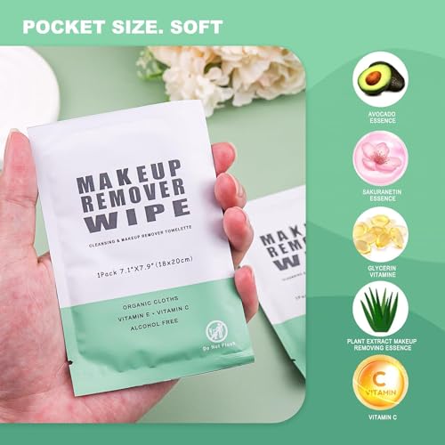 Green Makeup Remover Wipes - 200 Individually Wrapped Facial Cleansing Towelettes