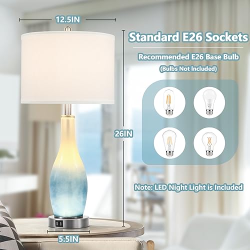 BesLowe 26’’ Tall Glass Table Lamps Set of 2 - Coastal White & Light Blue with USB & Nightlight