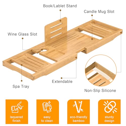 Promitop Natural Bamboo Expandable Bathtub Tray Caddy - Spa-Style Bath Accessory