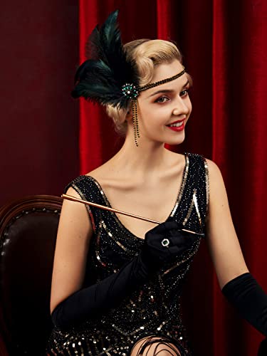 Green 1920s Flapper Headpiece Rhinestone Pearl Feather Headband for Gatsby Party