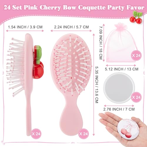 Pink Cherry Bow Compact Mirror & Hair Brush Set - Party Favor Gift, Variation of Pink / Cherry Bow