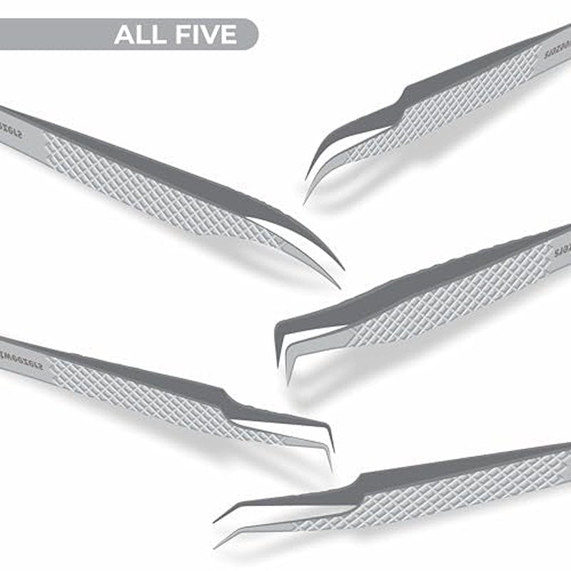 GMI Lash Tweezers - Set of 5 Eyelash Tweezers - Stainless Steel Eyelash Extension Tweezers - Multipurpose Lash Tweezers for Eyelash Extensions for Individual., T1122