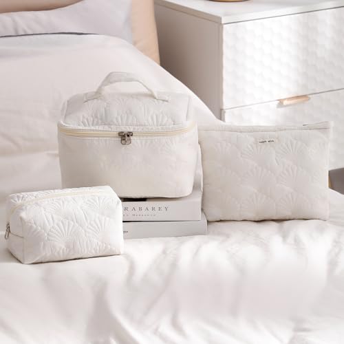 3-Pack Quilted Cotton Seashell Makeup Bags - Travel Toiletry Organizer, White (Variation 08)