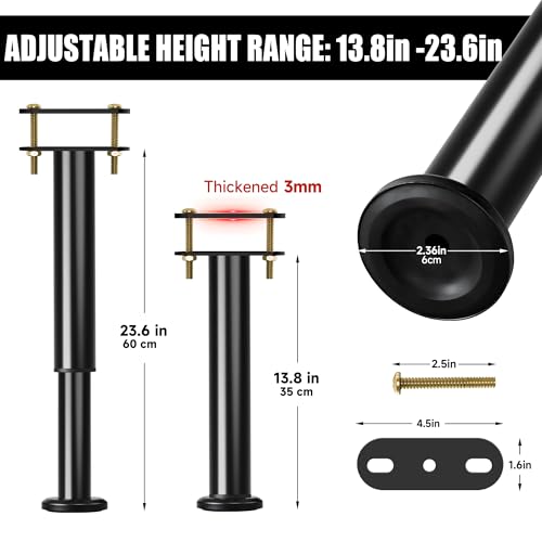 14-23.6 Inch Adjustable Bed Support Legs 6 Pack - Heavy Duty Metal Bed Frame Support with Rubber Non-Slip Base