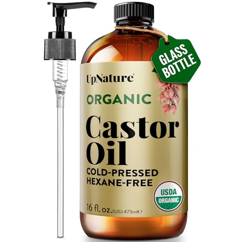 UpNature Organic Castor Oil 16oz - Cold Pressed, Hexane-Free, Glass Bottle & Pump Dispenser