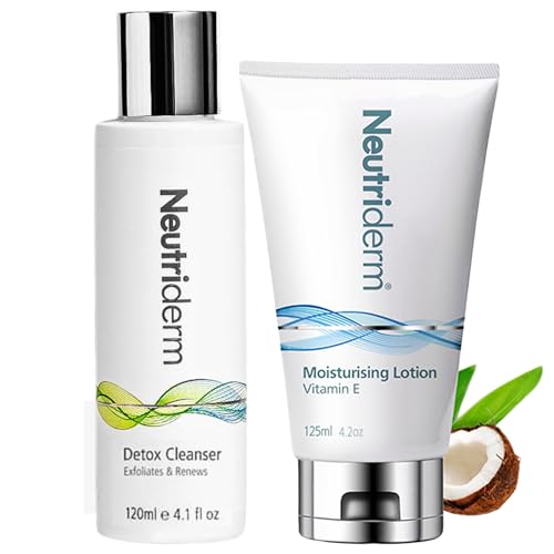 NEUTRIDERM Vitamin E Face Moisturizer + Glycolic Face Exfoliator, Hydrating Daily Moisturiser and Gentle Facial Cleanser, Scrub-Free Exfoliation for Smooth Glowing Skin, 2-Piece Set