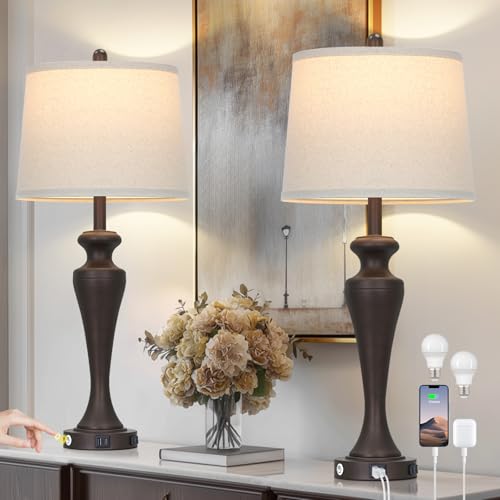 CINSARY 30-Inch Brown Set of 2 Modern Touch Control Table Lamps with USB & AC Outlet