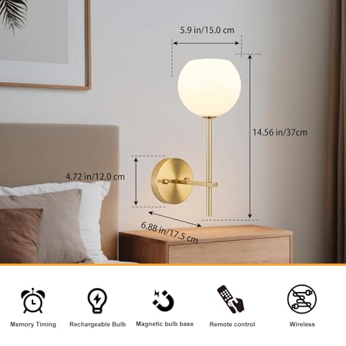 Gold Wireless Rechargeable Wall Sconces Set of 2 with Remote, Dimmable RGB & CCT for Home Decor