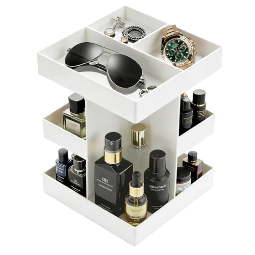 White 3-Tier Acrylic Cologne Organizer with Rotating Shelves for Men, Waterproof Perfume Stand