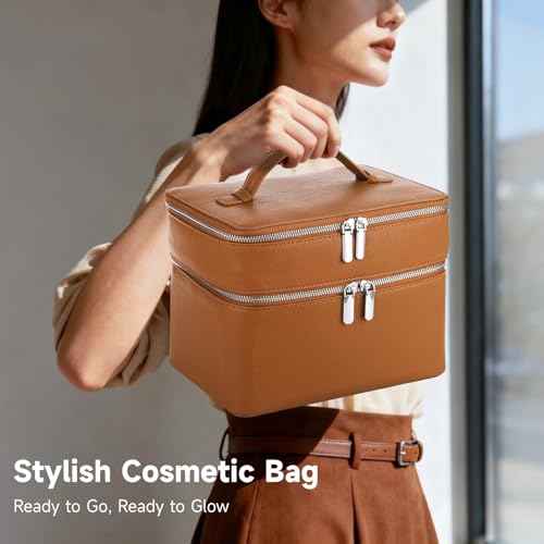 OMISTAR Brown Large Capacity Makeup Vanity Bag with Removable Liner Waterproof PU Leather