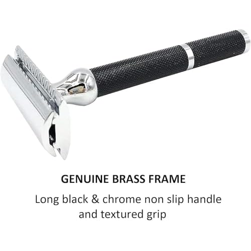 Parker 71R Medium Weight Long Handle Double Edge Safety Razor with 5 Parker Platinum Stainless Steel Razor Blades - Black Electroplated Brass Handle
