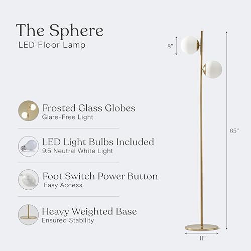 Brightech Sphere Floor Lamp – Gold/Antique Brass 2-Globe Mid‑Century Modern Standing Lamp