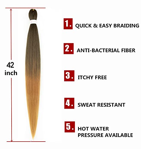Pre Stretched Braiding Hair Extensions 42 Inch 8 Bundles - Yaki Texture, Itch-Free Synthetic Fiber, Includes Crochet Needle & Accessories - #1B/30/27
