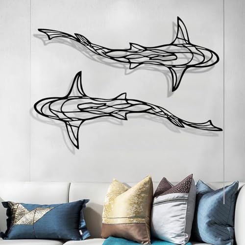 Large 3D Metal Shark Wall Decor Set - Ocean Fish Wall Art, Black, 2 Pieces