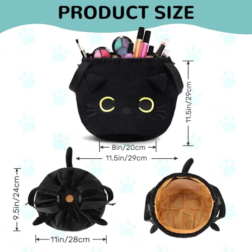 Funny Cat Drawstring Makeup Bag - Large Capacity Cute Travel Toiletry Bag Cosmetic Bag Pouch Organizer - Valentines Day Mothers Easter Birthday Unique Gifts for Women Girls Cat Lovers-Black