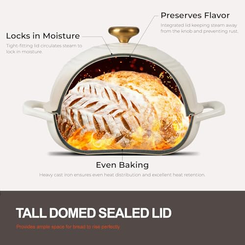 Overmont Cream White 6QT Enamel Cast Iron Dutch Oven with Dome Lid for Bread Baking