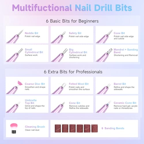 Nail Drill Professional, 35000RPM Electric Nail File Rechargeable, Portable Nail Drill Cordless Kit Efile for Acrylic Nails, Nail Dremel Manicure Perdicure for Salon & Home Use (Gradient)