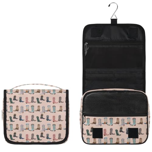 Travel Toiletry Bag for Women Men with Hanging Hook Pink Retro Western Print Cowboy Pattern Makeup Cosmetic Bag Organizer Travel Bag for Toiletries Essentials Accessories, Large Size