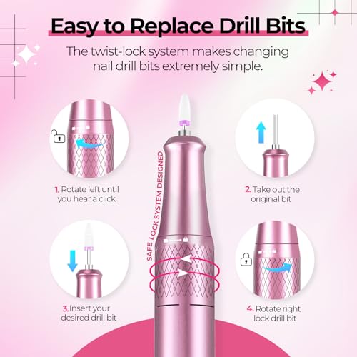 Pink Professional Nail Drill E-File 40000RPM for Gel Polish Removal - JOSGLOI