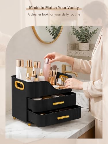 Booklov Large Makeup Organizer with 2 Drawers, Tall Bottle Storage - Black M01