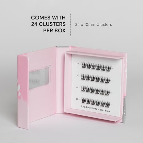 Silly George Single-Size Pop-On Lashes - DIY 1-Step Pre-Glued Faux Eyelash Cluster Kit, Natural Look Extensions, Pack of 24 Individual Clusters, Black - Rosy, 10mm