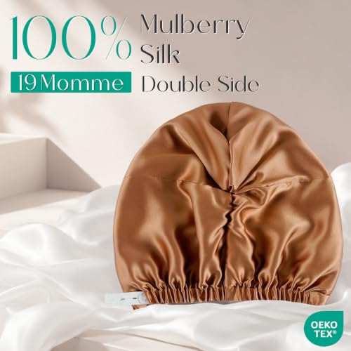 Mocha Adjustable Mulberry Silk Sleep Bonnet for Women Hair Care - One Size