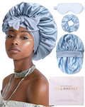 3 Pack Reversible Mulberry Silk Sleep Bonnet for Women - Blue