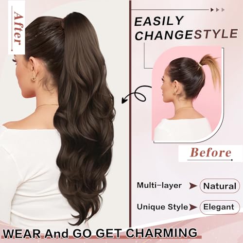 26 Inch Medium Brown Drawstring Ponytail Extension for Women Long Wavy Layered Hair
