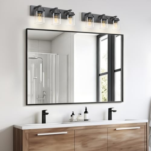 LKHF 22-inch Black 3-Light Bathroom Vanity Light Fixture Over Mirror, Modern Square Design