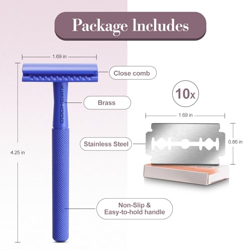 Kinghood Double Edge Safety Razor, Single Blade Razors with 10 Stainless Steel Blades, Reusable Metal Shaving Razor for Women and Men - Dark Blue