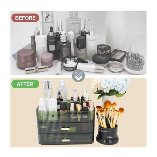 Makeup Organizer with 2 Drawers and Top Tray - Green, Separable & Stackable