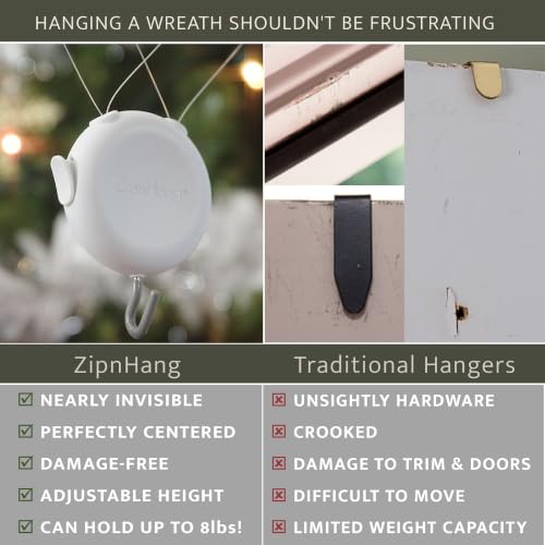 Zip 'n Hang Wreath Hanger for Front Door, White, 3 Pack - Damage-Free Door Decor