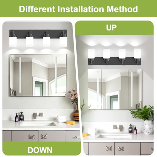 Matte Black Bathroom Light Fixtures Over Mirror - 4 Light White Glass Shade, Modern Vanity Lighting, Variation: Black-White Shade