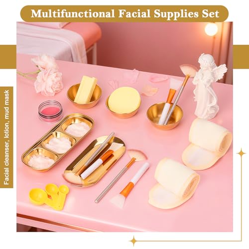 28 Gold Facial Supplies 3 Facial Mask Mixing Bowls 3 Facial Fan Brushes 3 Mask Applicator Brushes 3 Mask Measuring Spoons Skincare Tray 3-Compartment Serving Tray 12 Facial Sponges 2 Spa Headbands