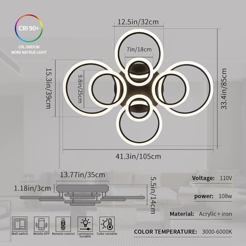 Modern Black Ceiling Light with 8 Rings - Dimmable LED Flush Mount Fixture with Remote