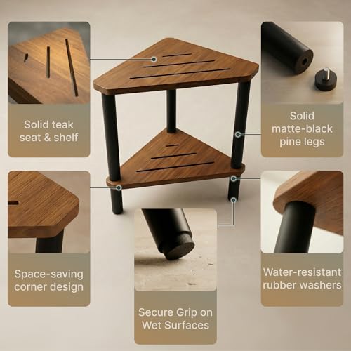 Corner Teak Shower Stool with Shelf - Waterproof Wooden Bathroom Seat