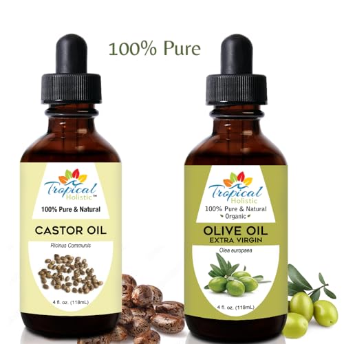 Tropical Holistic Olive Oil and Castor Oil Combo Set- Organic Carrier Mixing Oil for Skin, Hair for Dry Hair & Skin Moisturizer, 4oz