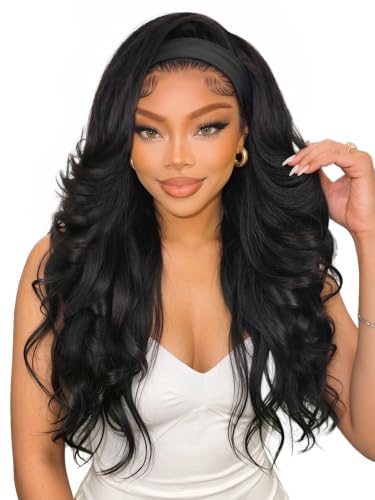 HANNE Yaki Wavy Flip Curl Headband Wig for Black Women - Natural Black, 26 Inch