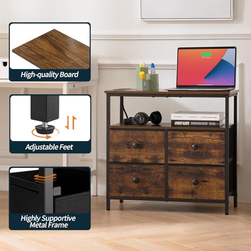 Yoobure Rustic Brown Nightstand with Charging Station & LED Light, 4 Drawers