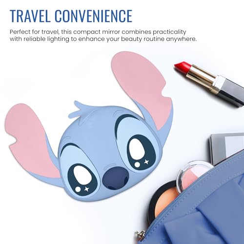 Impressions Vanity Stitch Ohana LED Compact Mirror with Lights, Lighted Travel Makeup Mirror with 3X Magnification, Adjustable Brightness, and Soft Touch Velvety Finish, Auto Shut-Off