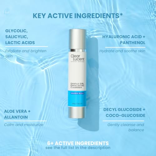Gentle? GSL AHA/BHA Exfoliating Cleanser? - Glycolic, Salicylic &?Lactic Acid Face Wash for Acne, Blackheads &?Brightening, Aloe + Hyaluronic Hydration, Fragrance?Free, Sensitive?Skin Safe - 4?fl?oz