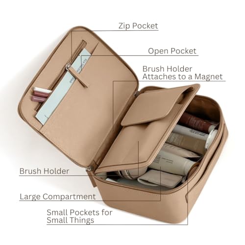 MELINE Khaki Brown Makeup Bag with Brush Holder – Large Travel Cosmetic Case