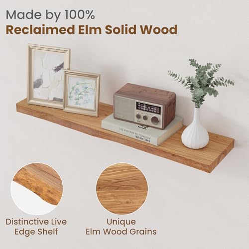 Live Edge Floating Shelves for Wall - 32 Inch Set of 2 Natural Elm Wood Shelves - Rustic Wall Storage